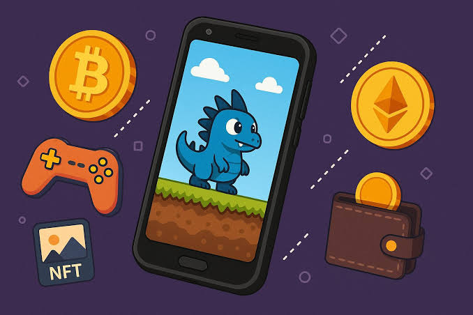 Mobile crypto game on a smartphone with Bitcoin and Ethereum coins — Hamster Kombat style tap-to-earn